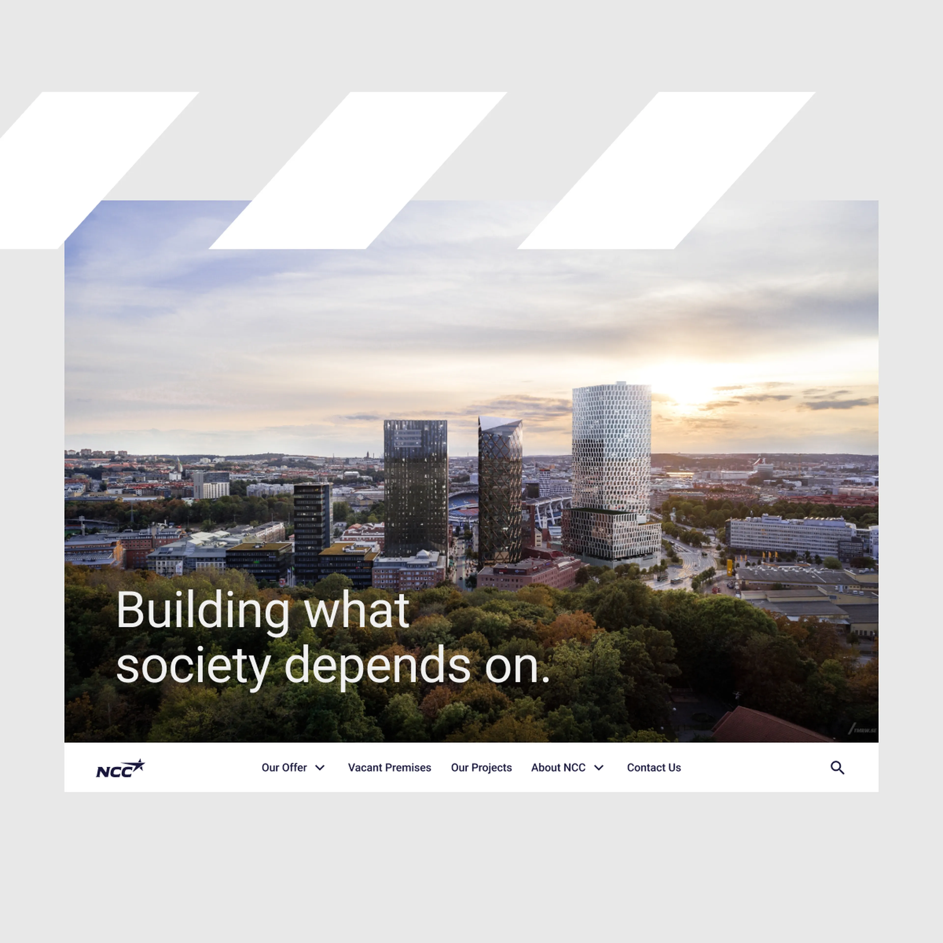 Cityscape with modern skyscrapers at sunrise, featuring the text "Building what society depends on." Menu options are below the image.