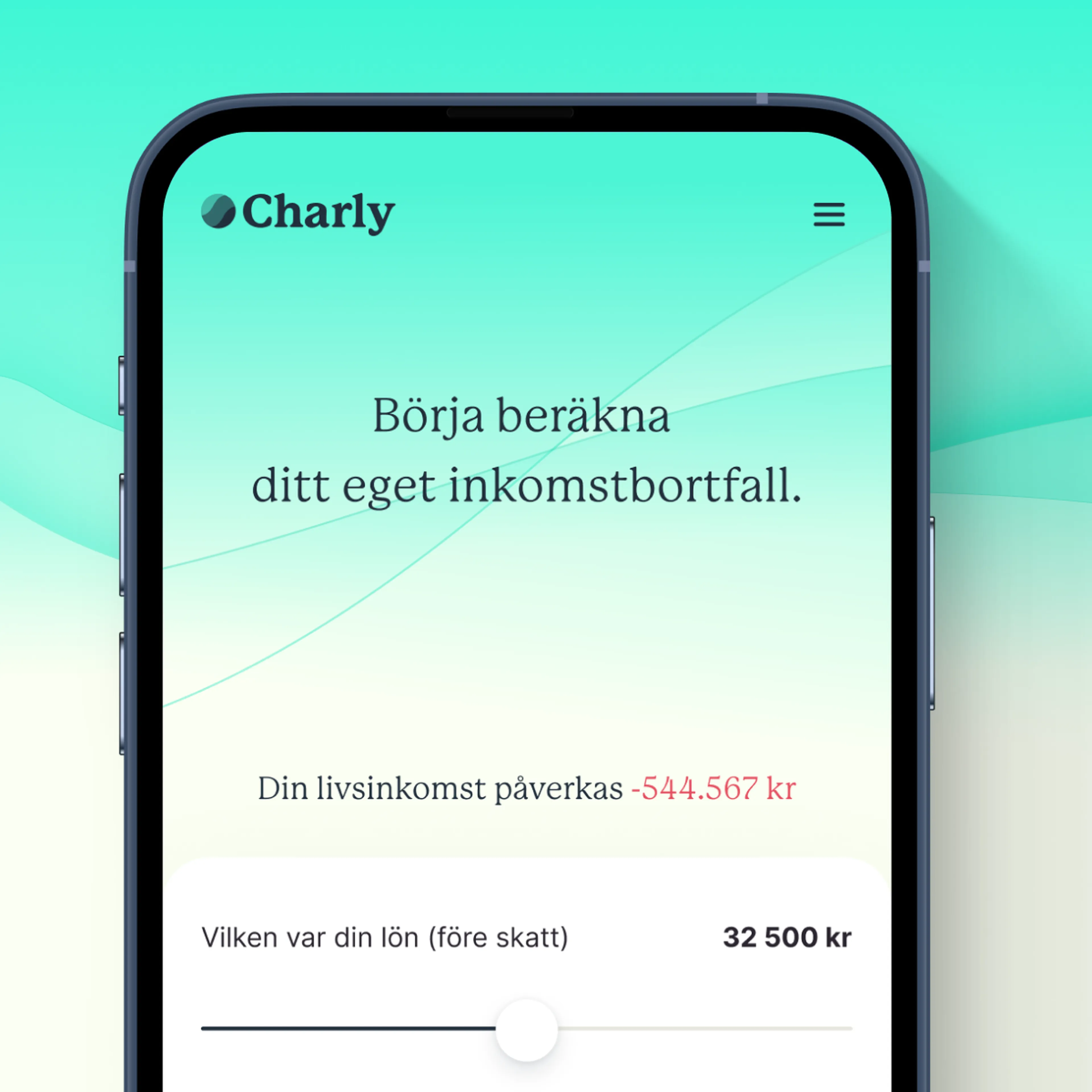 Smartphone displaying a financial app interface in Swedish with the name "Charly" and a calculation of income loss.